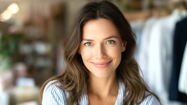 Brunette woman in a shop portrait, economic prosperity in retail trade, market vitality through shopper diversity, investment opportunities in small businesses, consumer engagement
