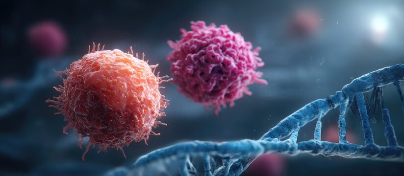 3D medical illustration of cancer cells and DNA