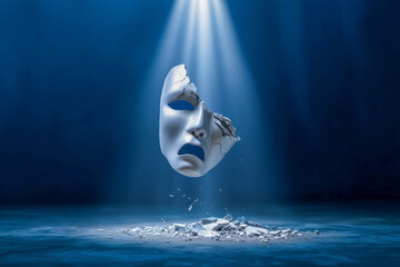 Shattered theater mask dramatically breaks apart under spotlight, symbolizing emotional breakdown, mental health crisis, or revealing true self