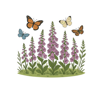 butterflies over foxglove field pollinator habitat and ecological balance flat vector illustration style isolated on white background