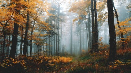 Fototapeta premium Autumn forest scene with vivid orange and yellow leaves. Sunlight filters through trees, creating warm, inviting glow. Pathway covered in fallen leaves. Neural network AI generated