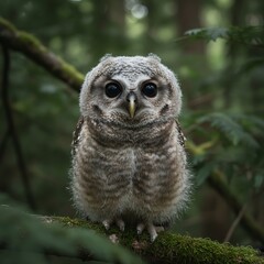 Baby owl owlet sitting on a mossy tree branch in a lush green forest at twilight with soft lighting and bokeh background