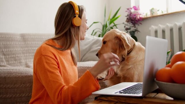 Woman Working On Laptop And Holding Golden Retriver Paw At Home