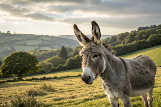Close-up portrait of a gray mule with ears up in a green rural countryside landscape