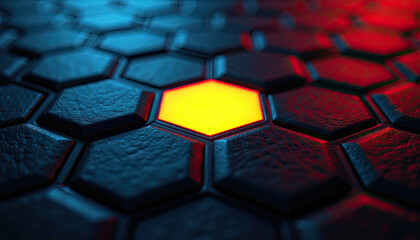 Obraz premium A bright yellow hexagon radiates light from a dark blue and red textured geometric grid, creating a striking desktop background wallpaper.