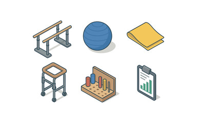 isometric icon items isolated on white background rehabilitation parallel bars set rehabilitation exercise therapy ball rehabilitation resistance band rehabilitation gait trainer