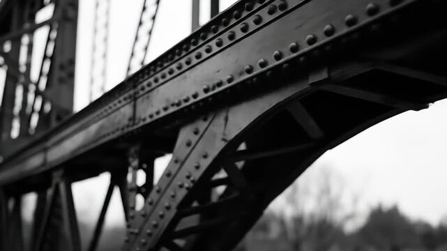 Close-up of industrial metal bridge structure with rivets and beams in black and white, showing strong construction details.