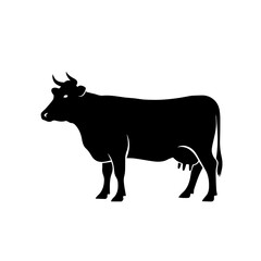 A simple black silhouette of a dairy cow with horns and an udder, viewed from the side against a white background.