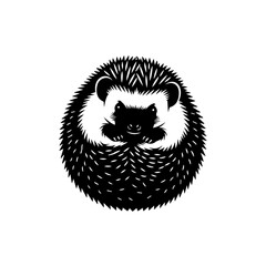 A stylized black and white illustration of a hedgehog curled into a ball, showcasing its spiky exterior and a friendly face.