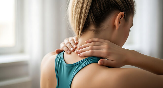 Rear view of an athletic woman massaging her aching neck and tense shoulders, feeling muscle pain from overwork or injury