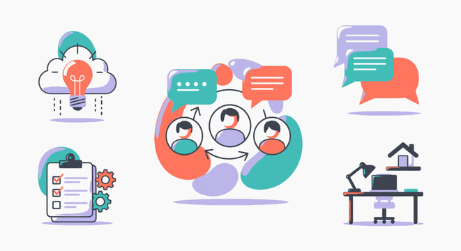Streamline workflow with vibrant 3D icons representing team collaboration, brainstorming, project management, and remote work, perfect for modern business needs