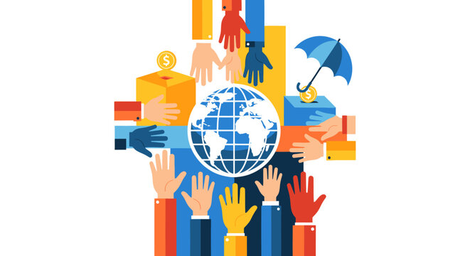 Colorful hands unite around the world to protect and donate, symbolizing global community support, charity, and financial security for a better future