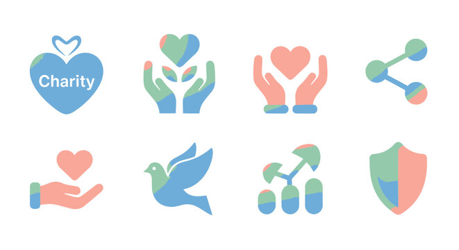 Support nonprofit organizations with these vibrant icons representing charity, sharing, growth, and protection, perfect for social media campaigns
