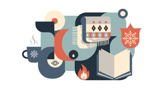Cozy winter scene with warm drink, blanket, and open book in a modern geometric style, perfect for seasonal promotions and holiday designs
