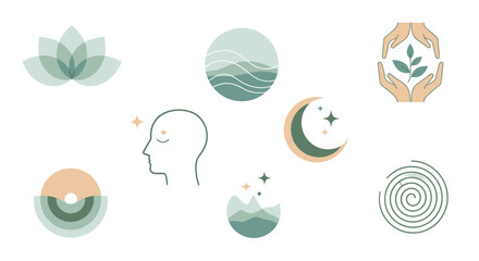 Find inner peace and harmony with these calming wellness and spiritual vector icons, perfect for mindfulness and meditation apps or yoga studio branding