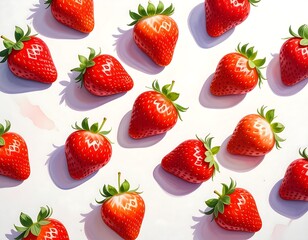 A vibrant overhead shot of ripe strawberries with green stems, arranged on a bright white surface with delicate pink accents