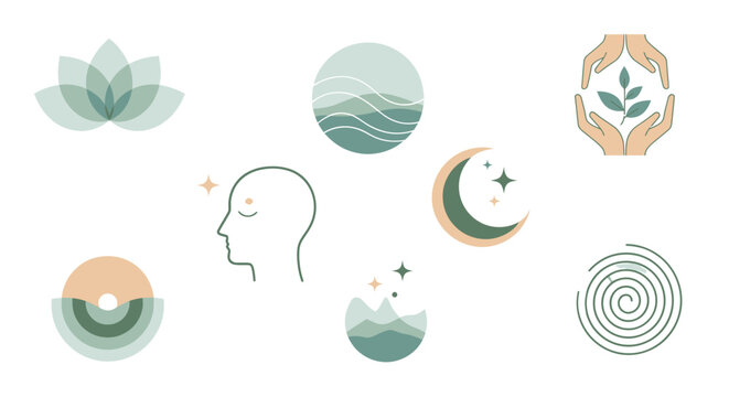 Find inner peace and harmony with these calming wellness and spiritual vector icons, perfect for mindfulness and meditation apps or yoga studio branding
