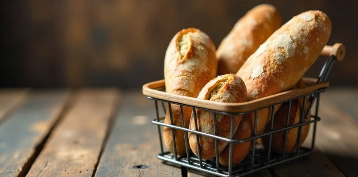A detailed close up of a wicker shopping basket filled with a variety of artisan bread, cheese, and gourmet food items. A very detailed, close up shot of a rustic wicker shopping basket. It is filled