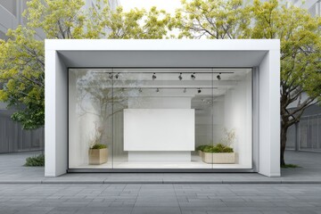 Modern white storefront with large blank display