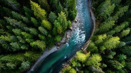 Majestic river flowing through a vibrant green forest in serene nature scene
