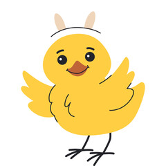 Adorable Yellow Chick Wearing Bunny Ears and Holding One Wing Up Against White Background Studio Shot