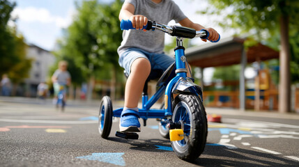 Six-year-old riding blue tricycle on mini road with markings, kids traffic education, balance and control, urban play, childhood development, with copy space
