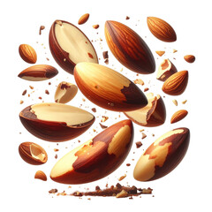 Fototapeta premium Flying Almond Pieces with Cracked Shells Displaying Textures and Colors on Transparent Background