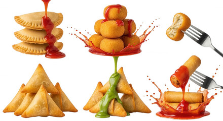 Savory snacks with sauces isolated on a transparent background