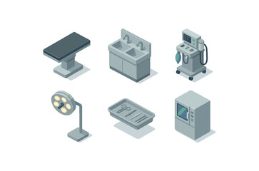 isometric icon items isolated on white background surgical suite surgical table surgical suite scrub sink station surgical suite anesthesia machine surgical suite surgical light surgical