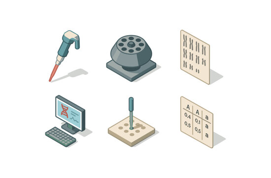 isometric icon items isolated on white background geneticist pipette controller geneticist centrifuge rotor geneticist karyotype chart geneticist bioinformatics workstation geneticist gene