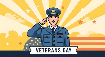 A digital illustration for Veterans Day, featuring a saluting soldier in uniform with a patriotic background.