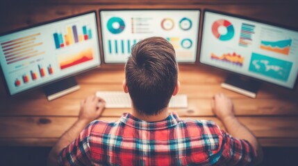 Data analysis action office workspace digital insight presentation modern environment overhead view business intelligence strategy