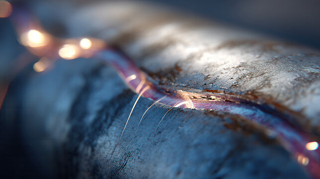 Welding process creating glowing weld seam metal surface with sparks flying, showing detailed metallic texture