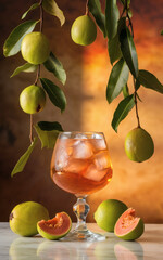 Still life of fresh, ripe fruits and olive oil with a glass of orange juice for a healthy food and drink concept