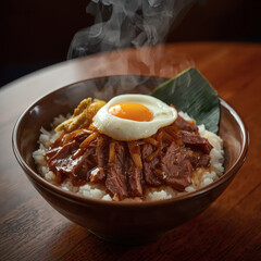 Plato principal contundente de carne con estofado de ternera, chuleta de cordero y huevo, servido con arroz y verduras.