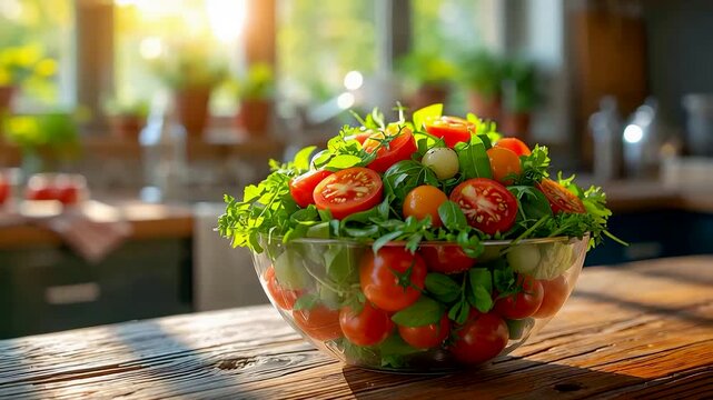 Fresh garden salad bowl with cherry tomatoes and greens on sunlit kitchen counter