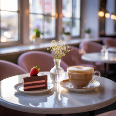 cup of coffee and cake on table