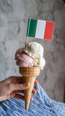 Hand holding a vanilla and strawberry ice cream with an Italian flag