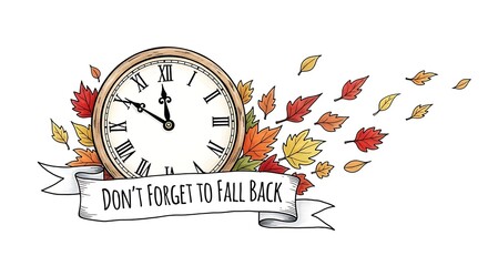 Dont forget to fall back clock with autumn leaves and banner