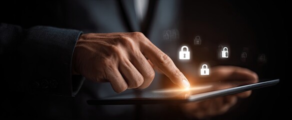 Close-up of a person using a tablet, security lock icons overlay