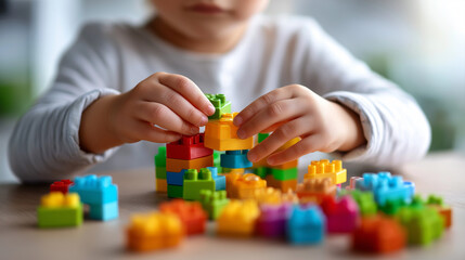 Child’s hands building with colorful bricks, creative play, STEM learning, fine motor skills, imagination, toy heap background, with copy space