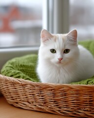Adorable White Fluffy Kitten With Green Eyes Sitting In A Wicker Basket With A Green Blanket Soft Indoor Lighting