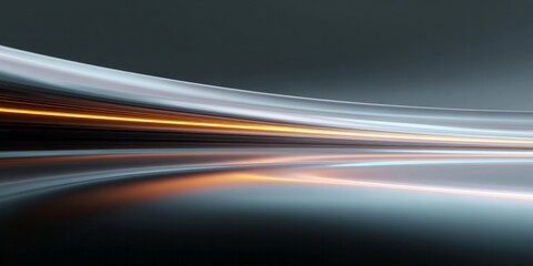 Fototapeta premium Streaks of orange light curve across a reflective, metallic surface.