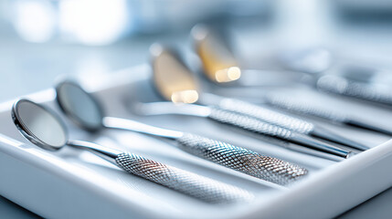 Dental tools on clean white tray with bright lighting, close up view showing shiny metal instruments for oral care