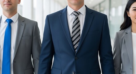 Fototapeta premium Three professionals in business attire standing in a bright office environment area