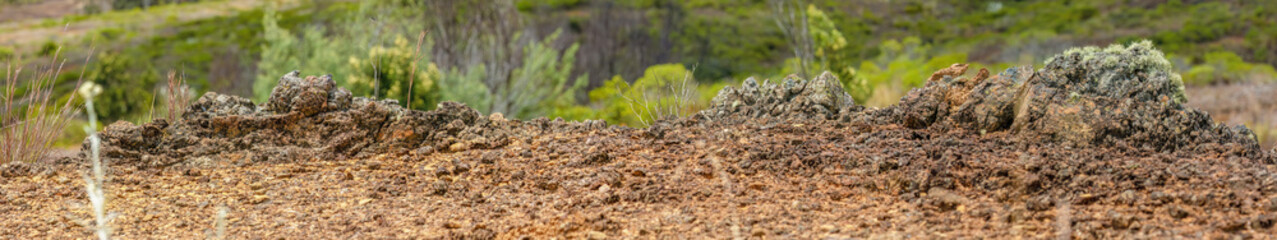 The stone formation and erosion of the desert ground; panoramic composite captured in the La Candelaria desert, in the eastern Andean mountains of central Colombia, near the town of Raquira.