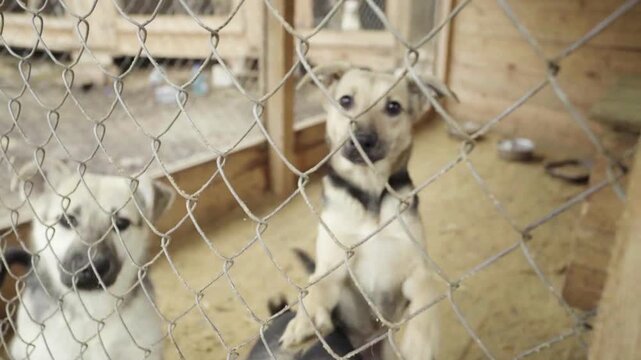 A group of beige dogs behind a fence in a dog shelter