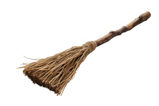 Rustic twig broom with straw bristles isolated on a transparent background