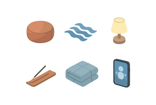 isometric icon items isolated on white background calm meditation cushion calm ocean waves sound calm ambient light lamp calm incense diffuser calm weighted blanket calm breathing guide app