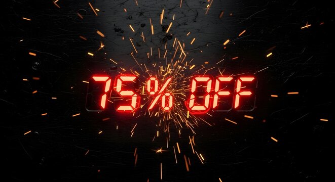 Digital display showing 75% off with sparks on a dark background.